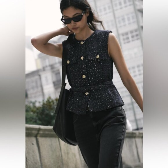 ZARA BELTED SEQUIN STRUCTURED VEST - Picture 1 of 5